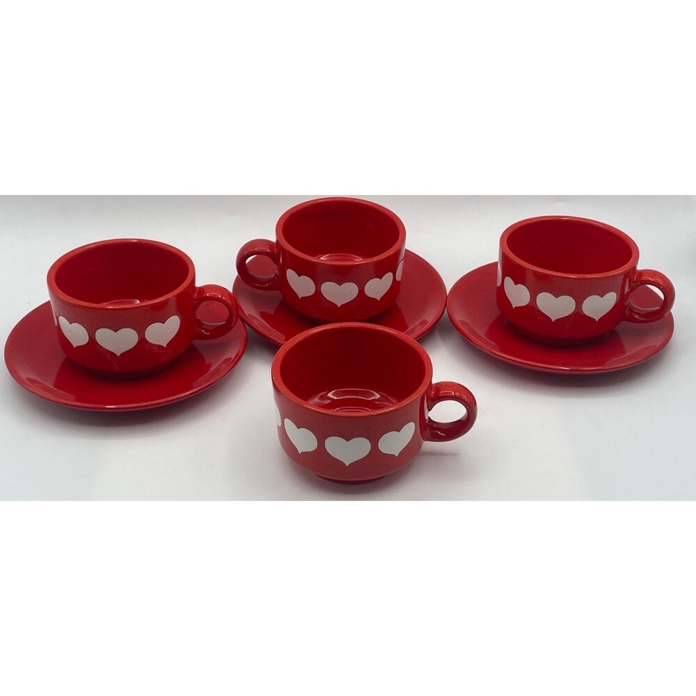 Vintage Red Heart Waechtersbach 4 Tea Cups & 3 Saucers Stackable Retired MINT